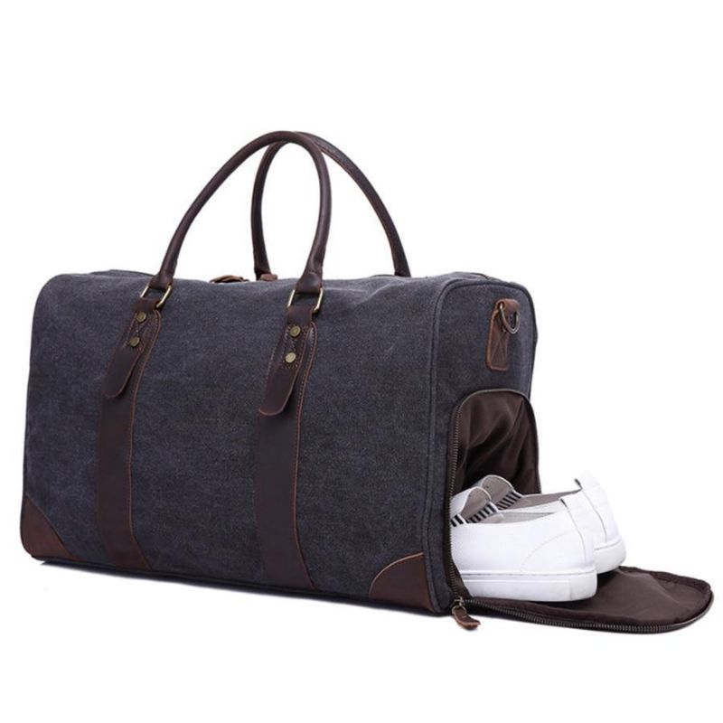 Canvas Duffel Läder Bärväska Weekend Tote