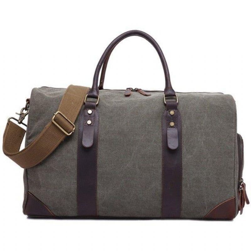 Canvas Duffel Läder Bärväska Weekend Tote