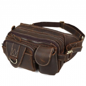 Läder Fanny Pack Med 5 Fickor Dragkedja