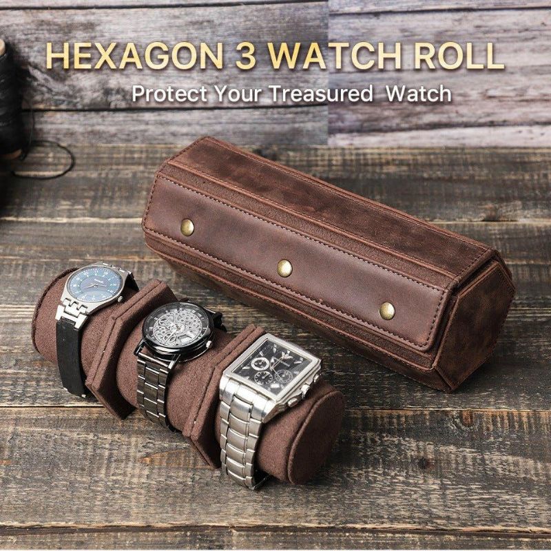 Läder Hexagon Watch Roll Case För 3 Klockor