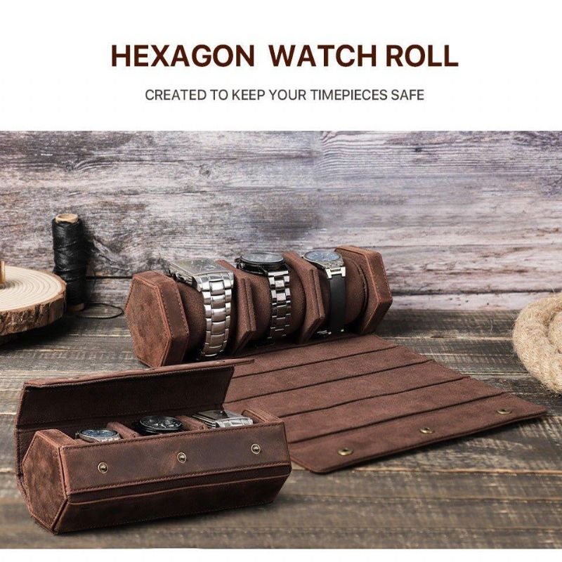 Läder Hexagon Watch Roll Case För 3 Klockor