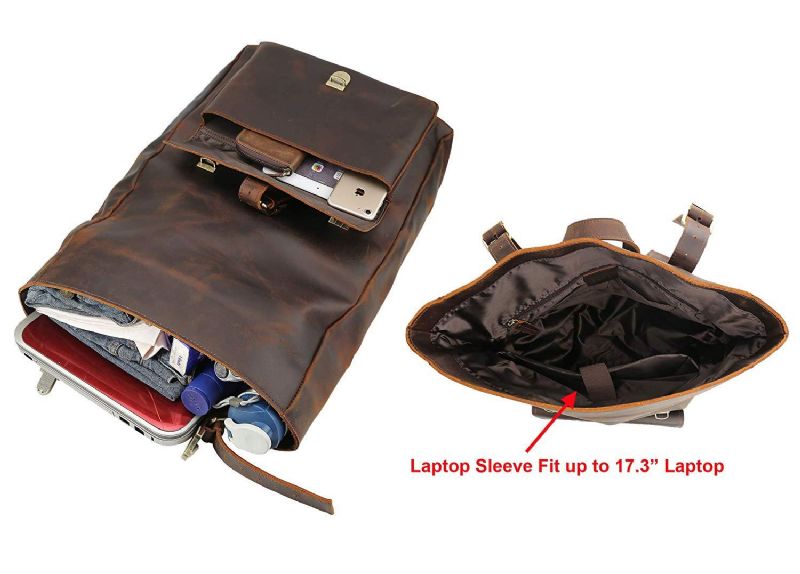 Stor Leather Roll Top Ryggsäck Laptop 17 Tum