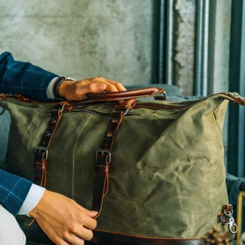 Stor Vaxad Canvas Weekender Duffle Bag Reseväska Herr