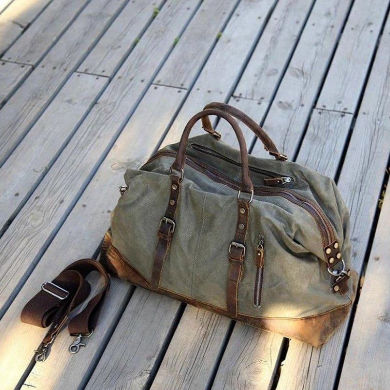 Stor Vaxad Canvas Weekender Duffle Bag Reseväska Herr