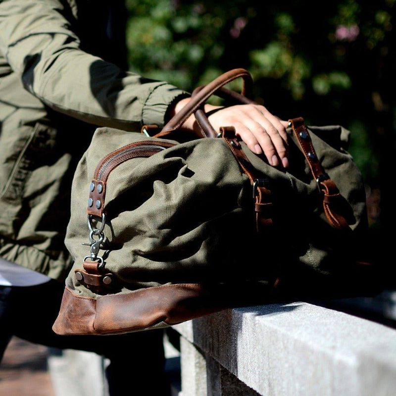 Stor Vaxad Canvas Weekender Duffle Bag Reseväska Herr