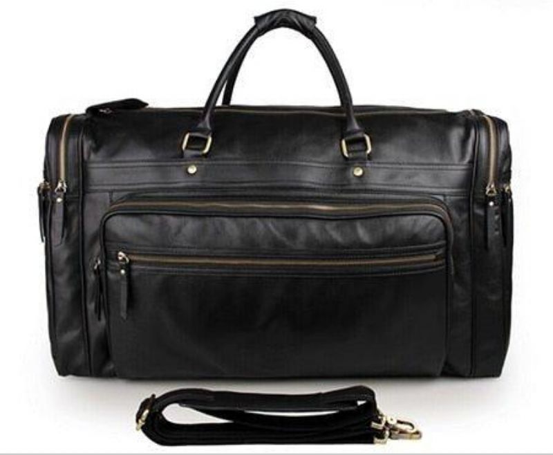 Svart Läder Travel Duffle Bag Herr Large