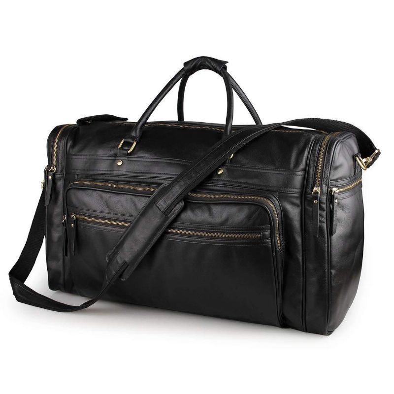 Svart Läder Travel Duffle Bag Herr Large