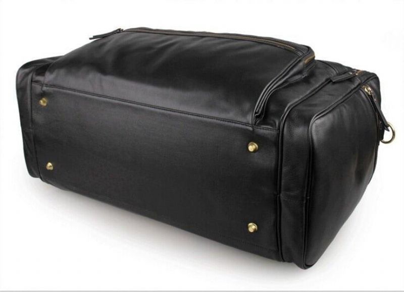 Svart Läder Travel Duffle Bag Herr Large