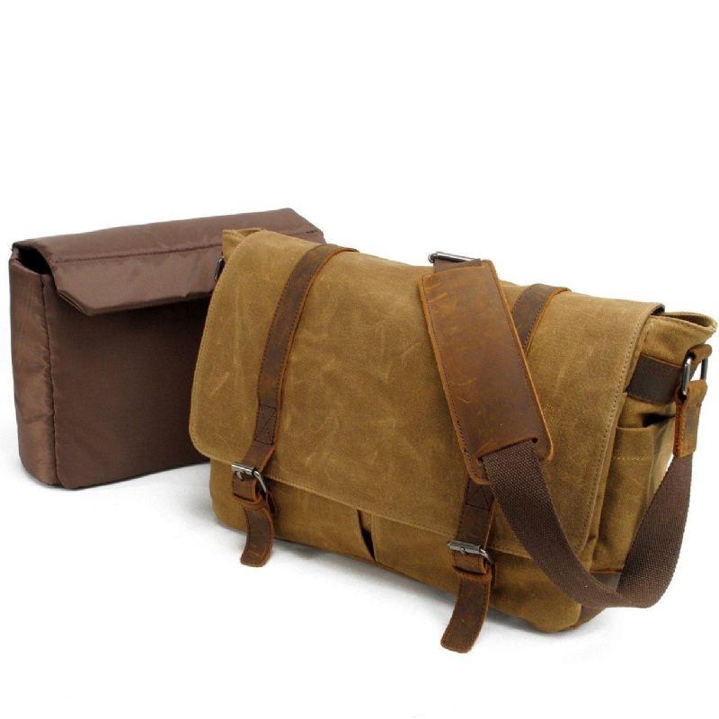 Vintage Canvas Läder Trim Kamera Messenger-väska