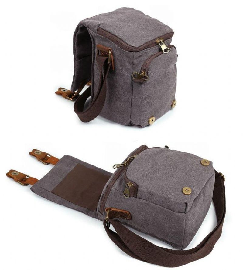 Vintage Canvas Läder Trim Stötsäker Kamera Messenger-väska