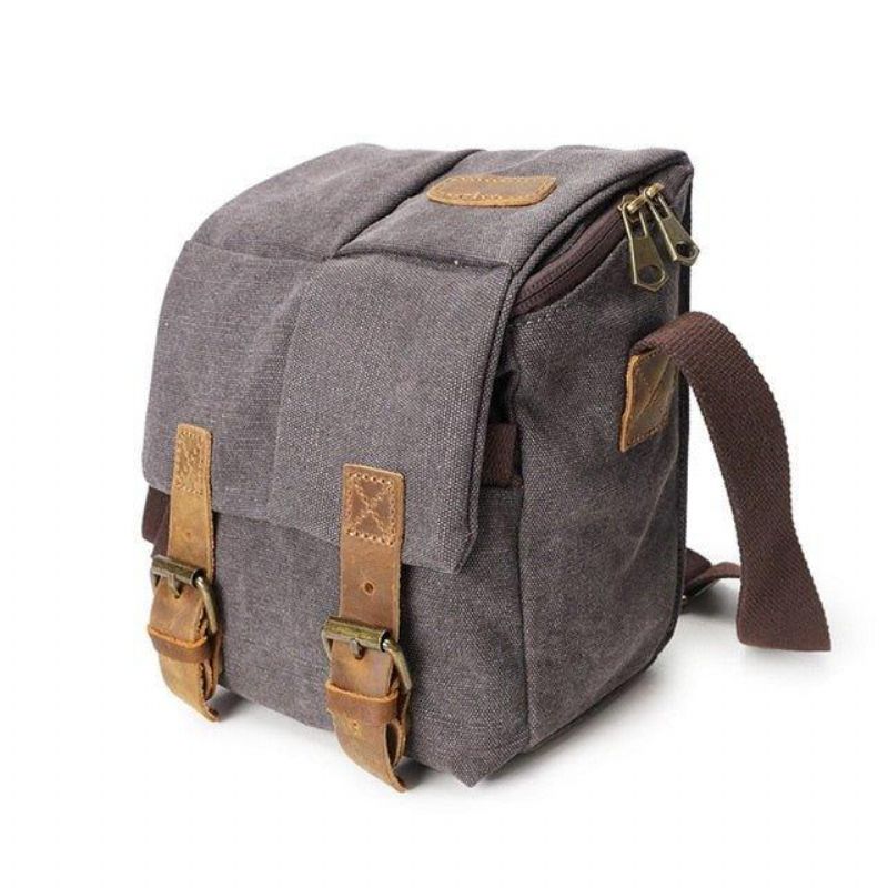 Vintage Canvas Läder Trim Stötsäker Kamera Messenger-väska