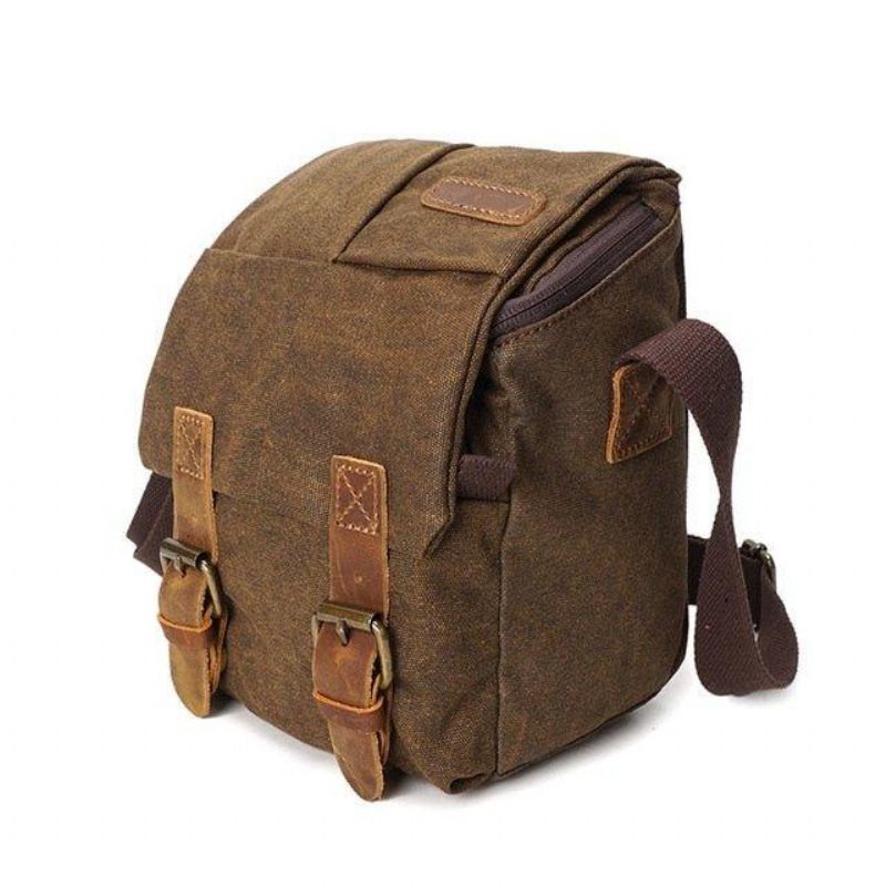 Vintage Canvas Läder Trim Stötsäker Kamera Messenger-väska