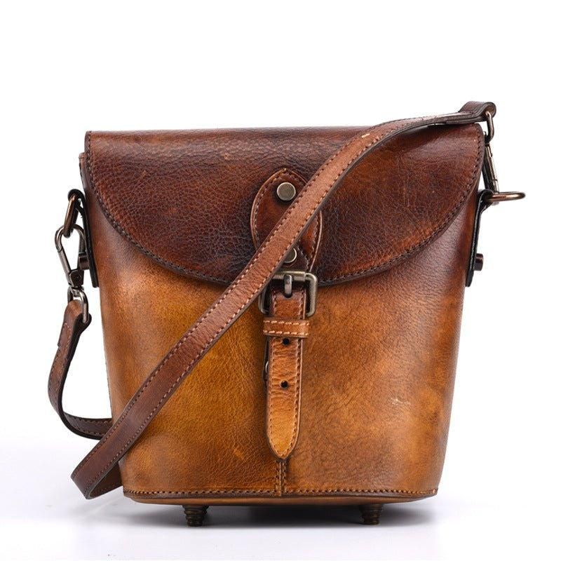 Vintage Läder Mini Bucket Crossbody-väska För Kvinnor