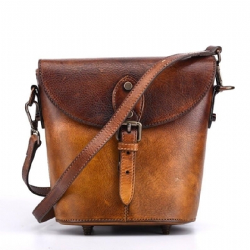 Vintage Läder Mini Bucket Crossbody-väska För Kvinnor