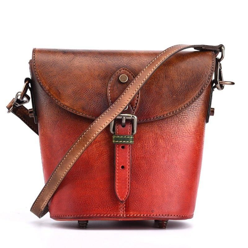 Vintage Läder Mini Bucket Crossbody-väska För Kvinnor