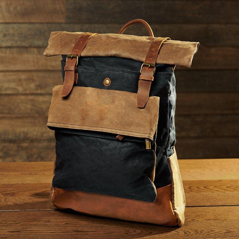 Vintage Vaxad Canvas Ryggsäck Roll Top Travel